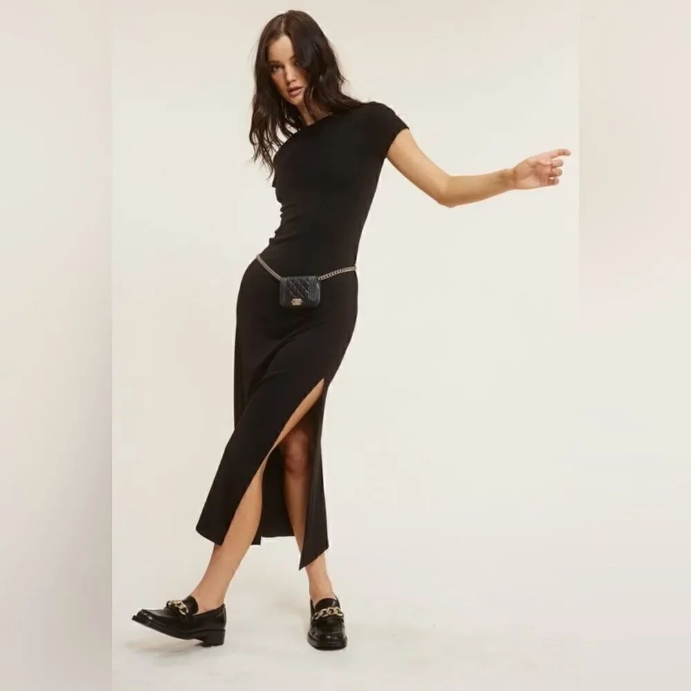 948. BASIC STRETCH JERSEY KIT MIDI SLIT DRESS- BLACK